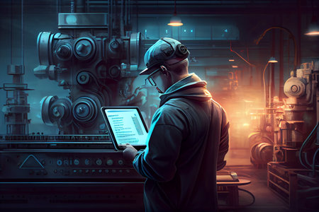 Industry 4.0 Robot concept .Engineers use tablet computer for machine maintenance, automation tools,...
