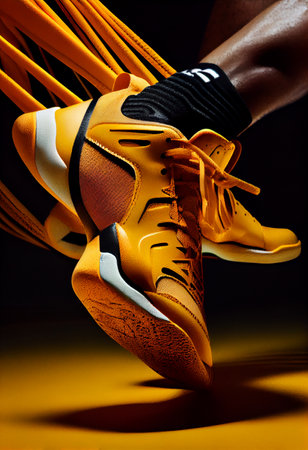 Legs of a professional player in yellow sports shoe for indoor sports. Volleyball, basketball,...