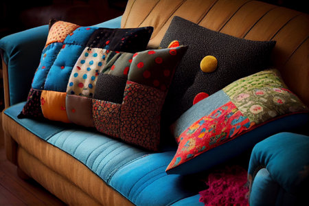 Interior of a living room with a sofa covered with patchwork pillows, ai generative