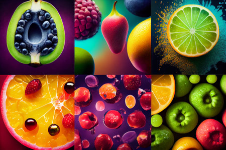 Collage with different fruits, berries and vegetables. Ai generativeの写真素材