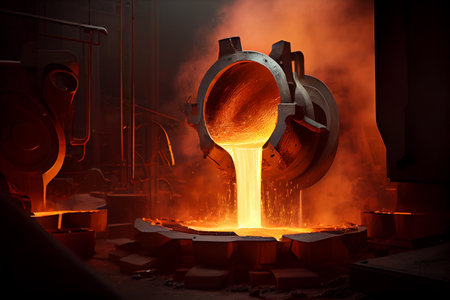 Liquid iron molten metal pouring in container, industrial metallurgical factory, foundry cast, heavy...