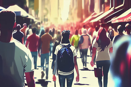 Crowd of people walking street bright sunny day. Ai generativeの写真素材
