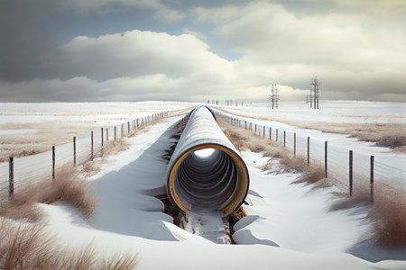 Winter landscape with the snow-covered gas pipeline and trees in hoarfrost. Gas pipe transite snow...