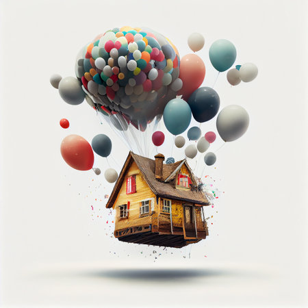 Miniature house on holiday balloons flies away from danger. Property insurance concept. Ai generativeの写真素材