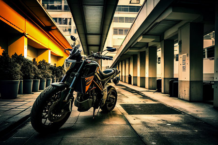 Motorbike on parking in city. Color vintage custom motorcycle. Ai generative
