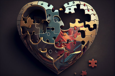 Colorful heart puzzle and piece isolated on white. Ai generativeの写真素材