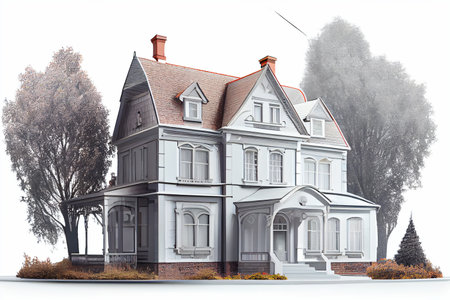 Big red classic american two level house with terrace on white background isolate. Ai generativeの写真素材