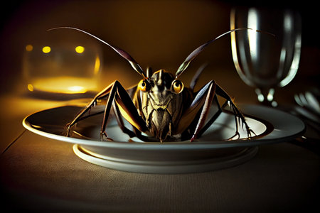 Grasshopper fried insect on the plate with old wooden table background. Insect food is the healthy meal high protein diet concept. Ai generativeの写真素材
