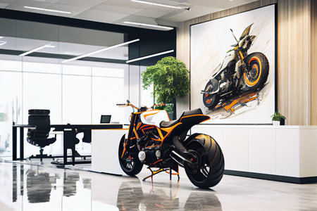 Real motorcycle in interior of modern bright office. original design project. Ai generativeの写真素材