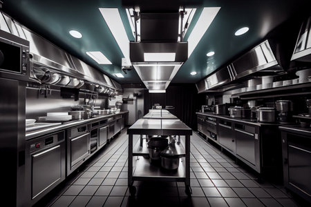 Professional kitchen, view counter in stainless steel. Ai generative