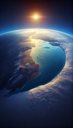 Sunrise over the planet and satellites in space. Ai generativeの写真素材