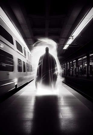 luminous Ghost between two moving train. Horrors, nightmares, driving safety concept. Ai generative.