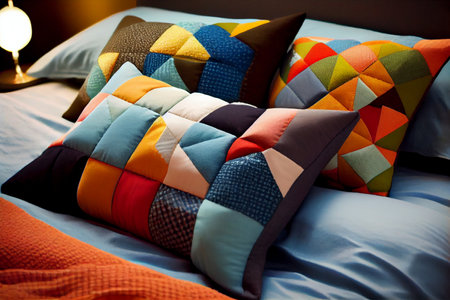 Interior of a living room with a sofa covered with patchwork pillows, ai generative