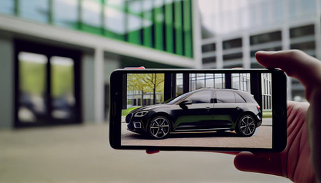 Online ride sharing and carpool mobile application. Rideshare taxi app on smartphone screen. Modern people and commuter transportation service. Ai generativeの写真素材