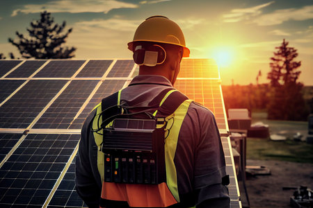 Young engineer is checking with tablet operation of sun and cleanliness on field of photovoltaic solar panels on sunset. Concept:renewable energy, technology,electricity,service, green. Ai generativeの写真素材