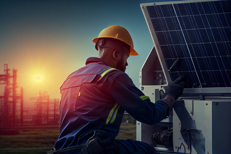 Young engineer is checking with tablet operation of sun and cleanliness on field of photovoltaic solar panels on sunset. Concept:renewable energy, technology,electricity,service, green. Ai generativeの写真素材