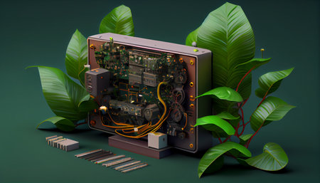 Growing tree on converging point of electronic devices board. Nature with Digital Convergence and...