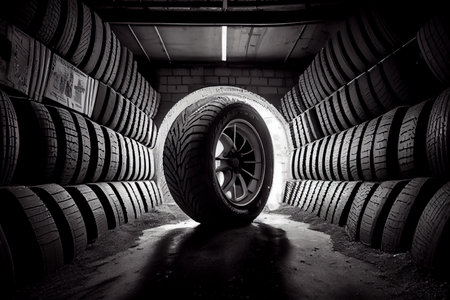 Used Tires for sale at a tire store. Ai generativeの写真素材