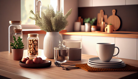 Wood table top with healthy food on blur kitchen counter (room) background. Ai generativeの写真素材