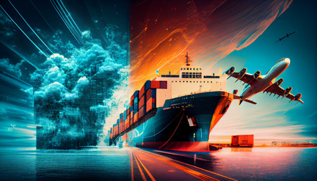 Double exposure of Industrial Container Cargo freight ship, truck, aircraft for Logistic Import Export concept. Ai generativeの写真素材
