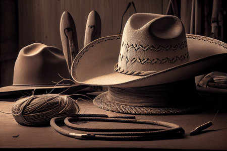 Cowboy hat in production. Tools for making traditional American clothing. Interior of the workshop. Ai generativeの写真素材