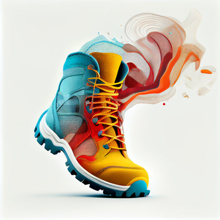 beautiful hiking person shoes in action. Fast running, speed, forward movement. Dry paint drawing ai generativeの写真素材
