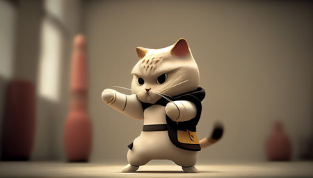 Karate cat in white kimono with black belt and headband gets ready to fight. Ai generativeの写真素材