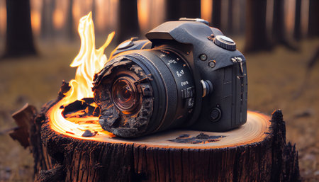 Digital camera is on fire in forest. Ai generative