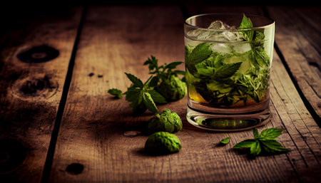 Healthy cannabis smoothie on wooden background. Natural supplement, detox and healthy living. Ai generativeの写真素材