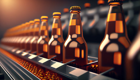 Beer bottles filling on the conveyor belt in the brewery factory. Ai generativeの写真素材