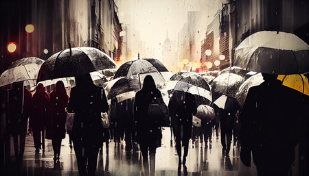 colorful umbrella open in the crowded street on the street. Ai generativeの写真素材