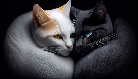 Studio shot yin yang cat. Black and white pet couple with blue and yellow eyes. Family in love. Ai...