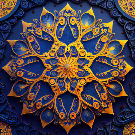 Mandala art painting. Beautiful mandala hand painted. National Ukrainian colors patterns with acrylic paints, handwork, dot painting. Ai generativeの写真素材