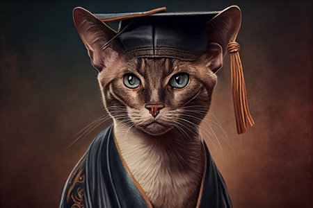 Cute domestic siamese cat wearing a graduating hat. Ai generative