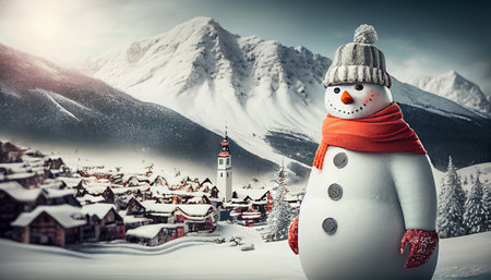 Funny snowman in ski glass in snowy mountains. Ski resort concept. Merry Christmass and happy New Year! Ai generativeの写真素材