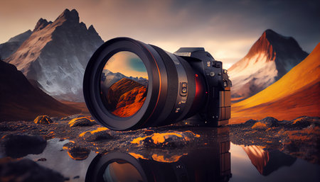 dslr at morning outdoors. A professional camera is lying on a rock in the mountains. Ai generativeの写真素材