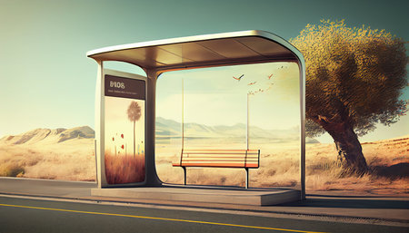 empty bus stop on an autumn day. A glass bus stop with a bench against the background of trees during the day. Stop without people. Mockup, ai generativeの写真素材
