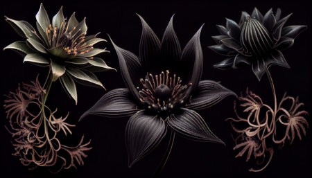 Surreal dark black flower dahlia macro isolated on black. Ai generativeの写真素材
