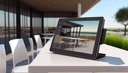 Industry 4.0 Modern Factory: Female Engineer Uses Digital Tablet Computer Suitable for Visualizing Augmented Reality Software of Mapping outdoor cafe. Ai generativeの写真素材