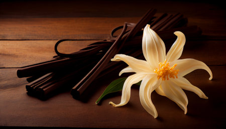 Dried vanilla sticks and vanilla orchid on wooden table. Close-up. Ai generativeの写真素材