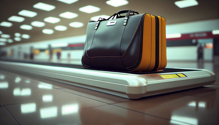 Baggage on conveyor belt at the airport - selective focus. Ai generativeの写真素材