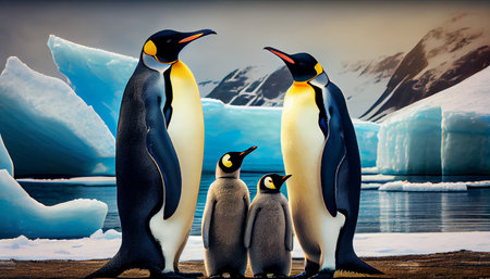 Emperor Penguins family with chick on ice. Ai generativeの写真素材