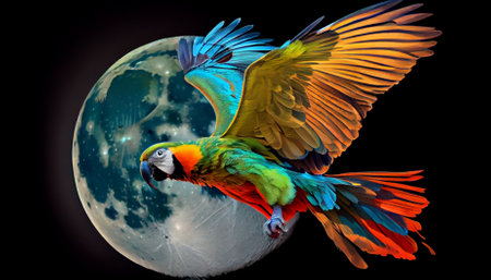 Colorful macaw parrot on night sky background. Ai generativeの素材