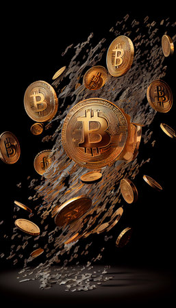 Falling bitcoin coins on black isolated background. Bitcoin background. Abstract. Ai generativeの素材