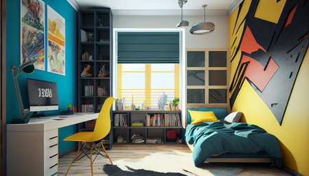 Stylish teenagers room interior with comfortable bed and sports equipment. Ai generativeの素材
