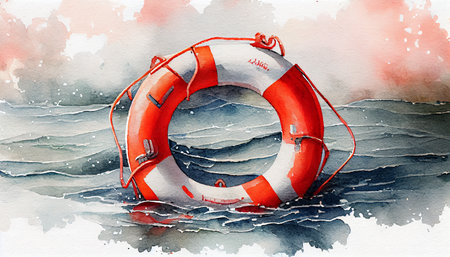 Lifebuoy in a stormy blue sea pencil drawing. Ai generativeの素材
