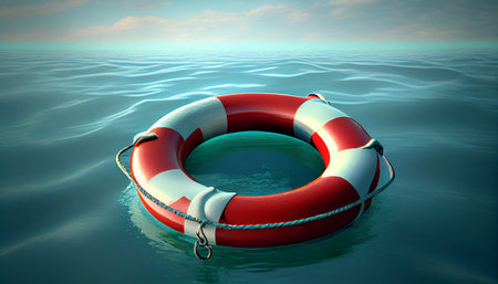 Lifebuoy in a stormy blue sea. Ai generativeの素材