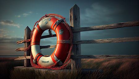 Lifebuoy in a stormy blue sea. Ai generativeの素材