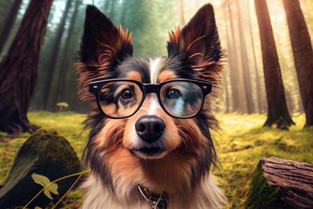 camping in forest with hipster dog. ai generativeの写真素材