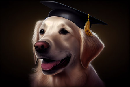 Adorable dog with black graduation cap. Ai generativeの写真素材